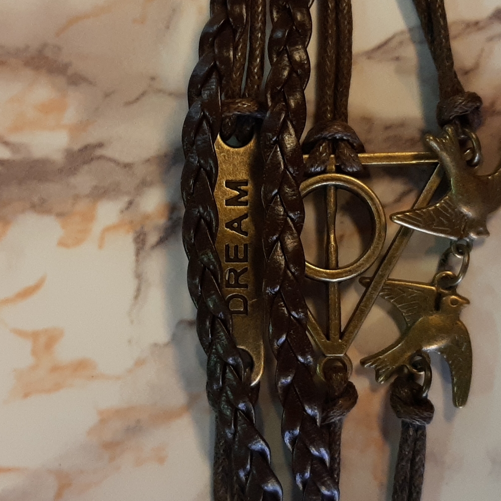 Braided Leather Bracelet Brown w/Brass Dream, Birds Trinkets